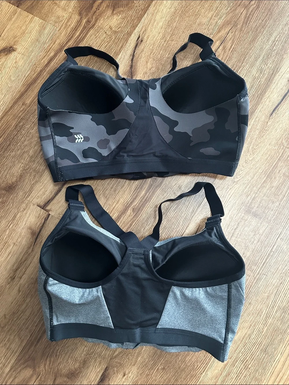 All in Motion Front-Zip Sports Bras — Gray & Black Camo, 38DD